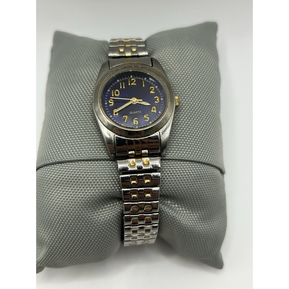 Women’s Quartz Watch Blue Dial Gold Tone Numbers Two Tone Stretch Band